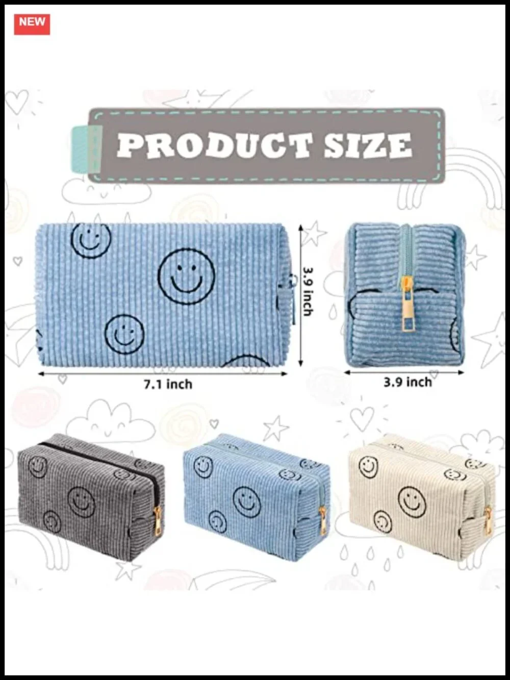 Corduroy Smile Face Makeup Cosmetic Bag Set of 3 Travel Toiletry Organizer